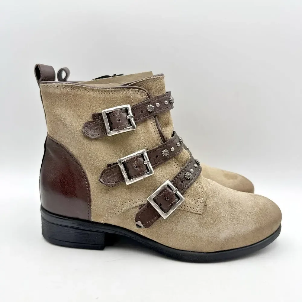 Miz Mooz Womens Sherri Ankle Boots EU 36 Size 6 Pebble Tan Suede Buckle EUC